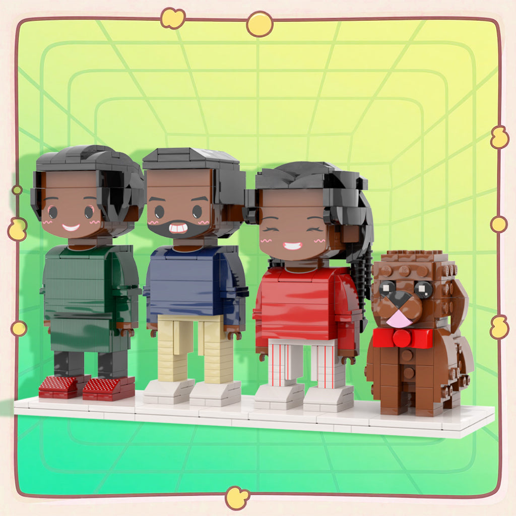 Custom Full-Body Cute Brick Figures of 3 People and Dog Personalized Anniversary Gift Birthday Gift.
