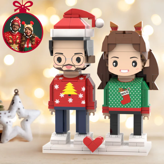 Personalisierte Weihnachtsfiguren im Kostüm – Brick-Paar mit individuellem Kopf – Ein einzigartiges Geschenk für die Feiertage