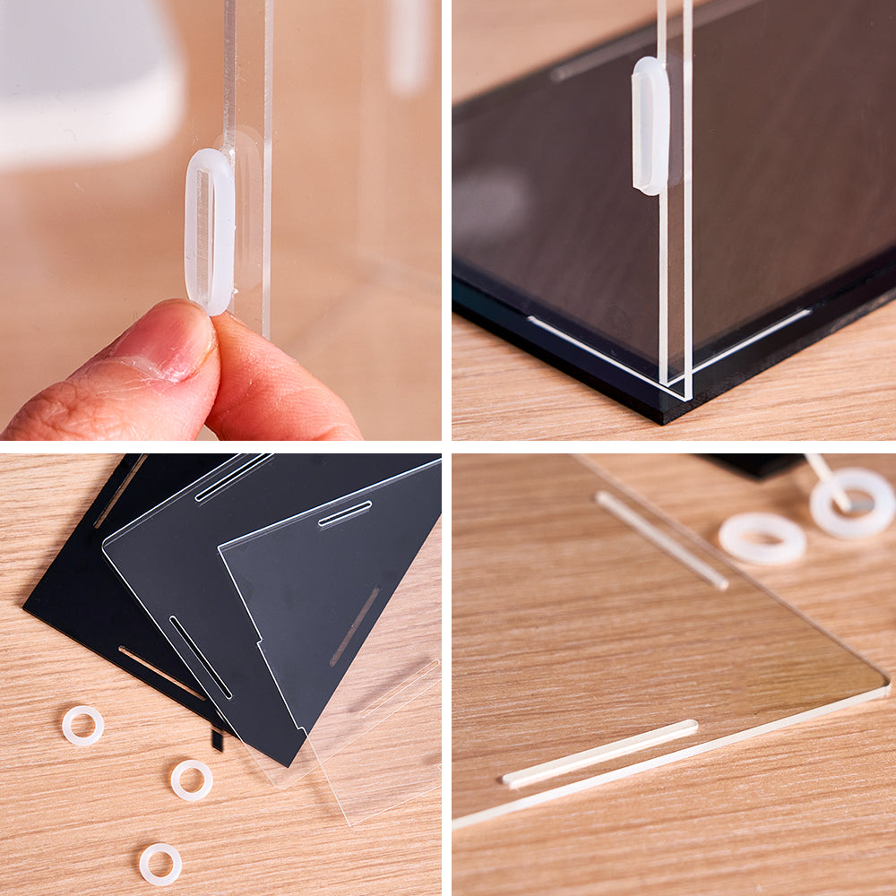 Staubdichte Acryl-Vitrine für 4 personalisierte Wackelkopf Figuren – 20 × 15 × 20 cm.