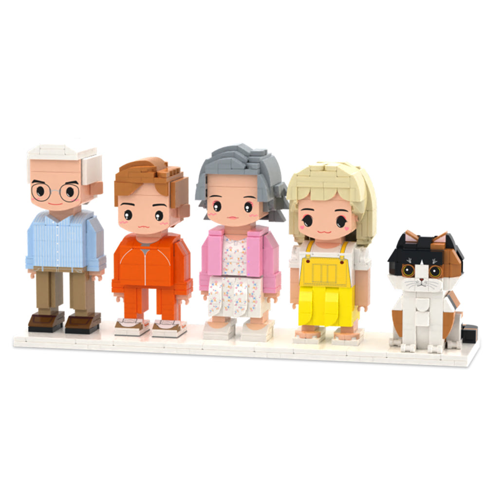 Personalisierte Brick Figuren Set – 4 Personen und 1 Katze im Rahmen