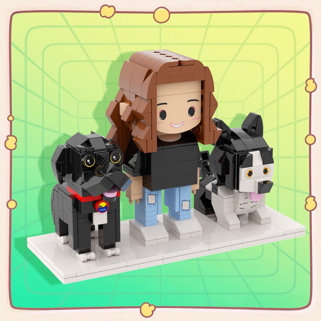 Custom Full-Body Cute  Brick Figures of 1 Person and 2 Dogs Personalized Anniversary Gift Birthday Gift.