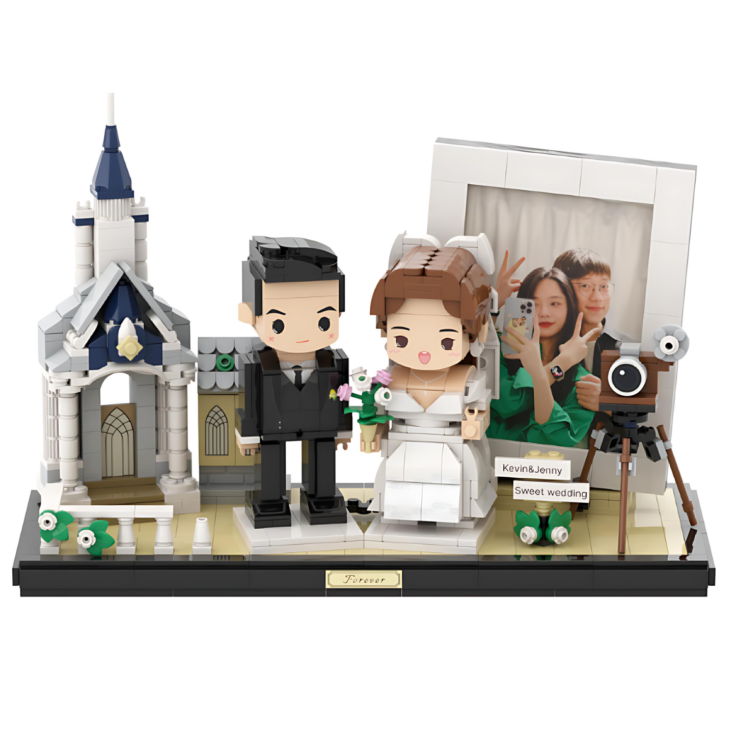Personalisierte Hochzeitsfiguren mit Kirche und Bilderrahmen – 2 Personen – Ein besonderes Geschenk zur Hochzeit oder zum Valentinstag