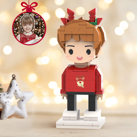 Personalisierte Brick-Figur im Weihnachts-Elch-Kostüm – Junge mit individuellem Kopf – Das besondere Geschenk für Kinder, Sammler und Weihnachtsfans
