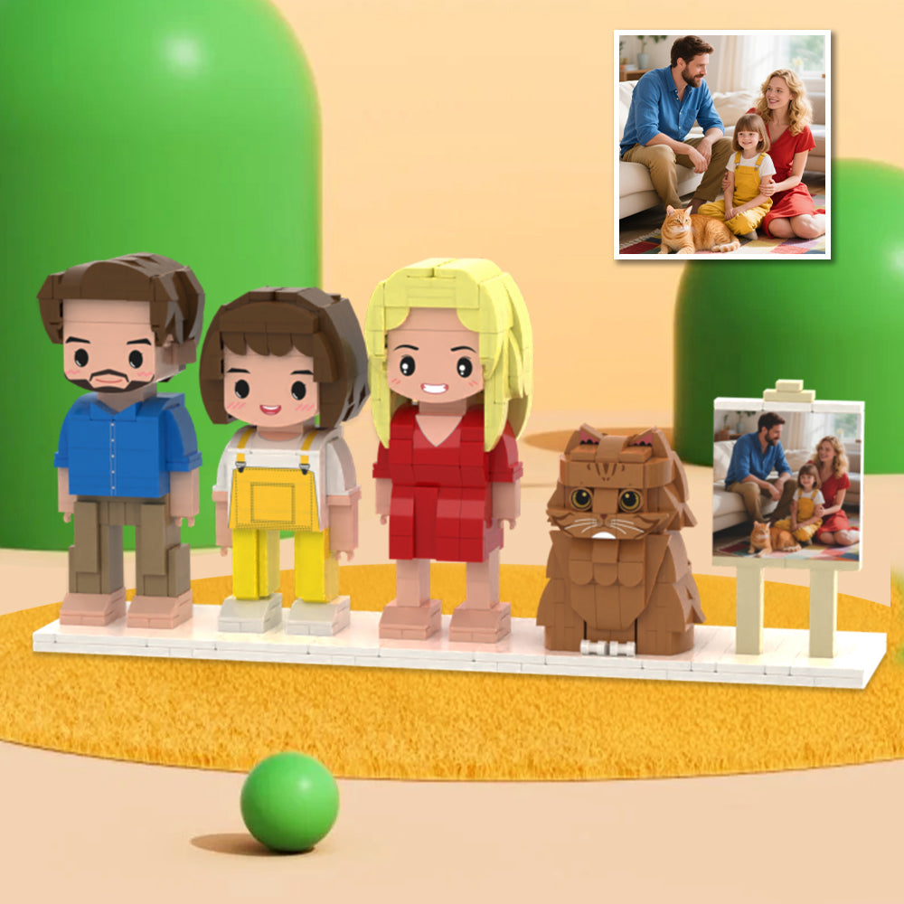 Brick Figuren Set – 3 Personen und 1 Katze mit Rahmen