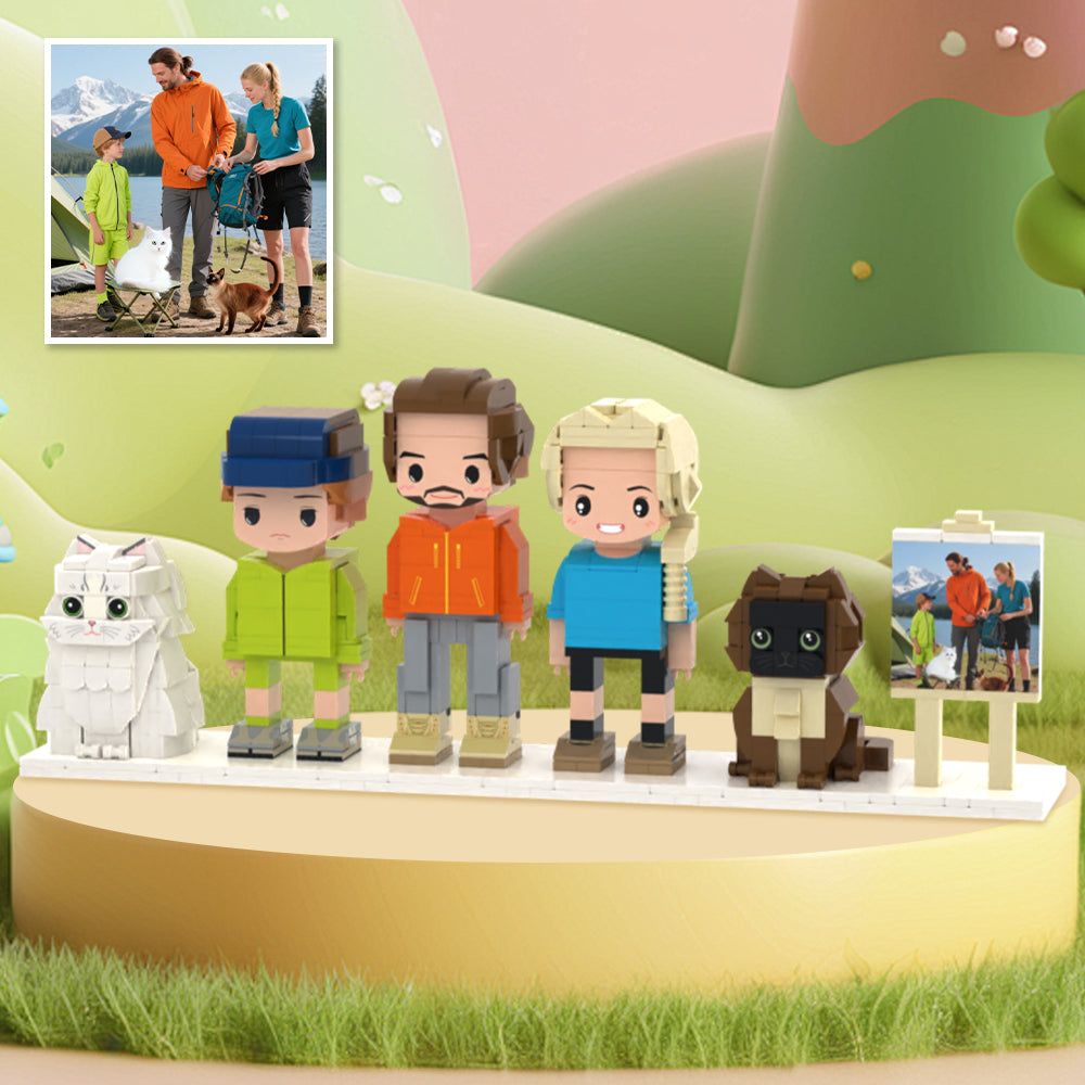 Personalisierte Brick Figuren Set – 3 Personen und 2 Katzen im Rahmen