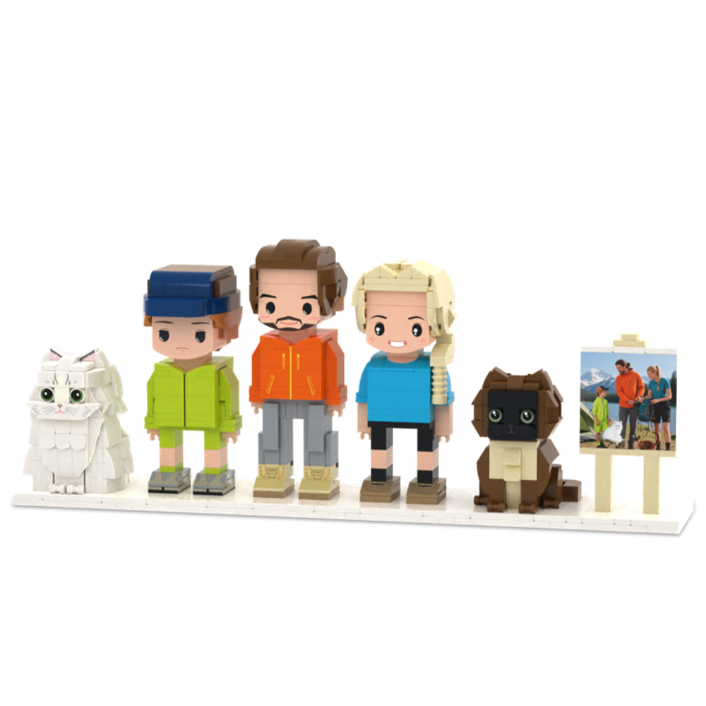 Personalisierte Brick Figuren Set – 3 Personen und 2 Katzen im Rahmen