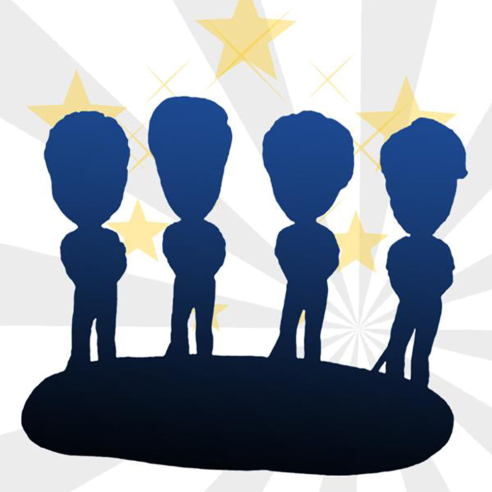 Vollständig personalisierbare Wackelkopf Figuren – 4 Personen – mit Wunschgravur.