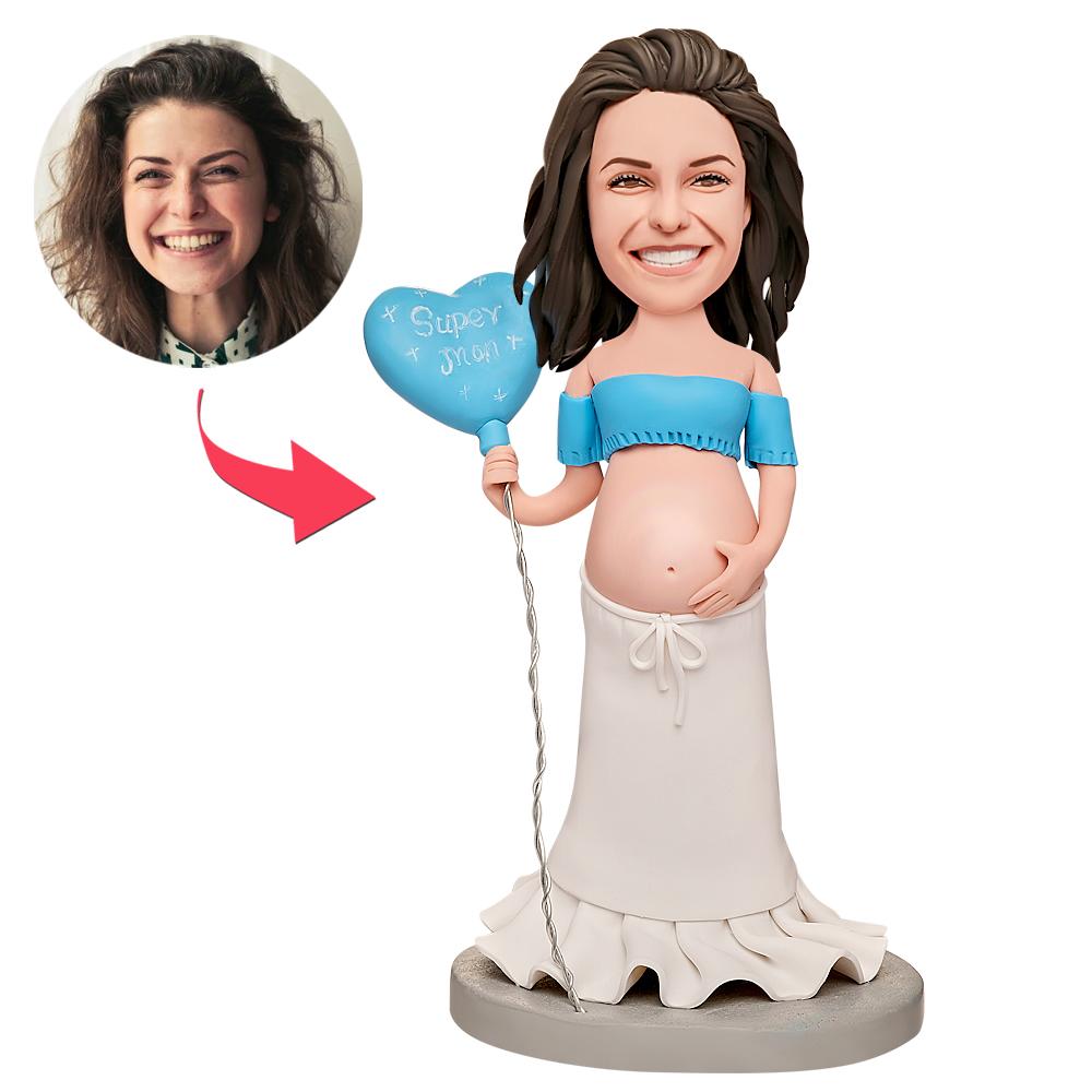 Supermamá embarazada con globo: figura cabezona personalizada con grabado