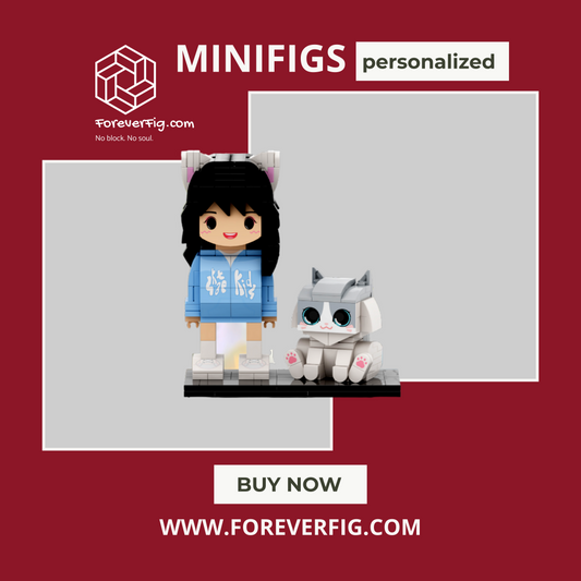 Personalisierte Bausteinfigur mit Katze – Vollständig anpassbare Figur aus Kleinpartikel-Bausteinen