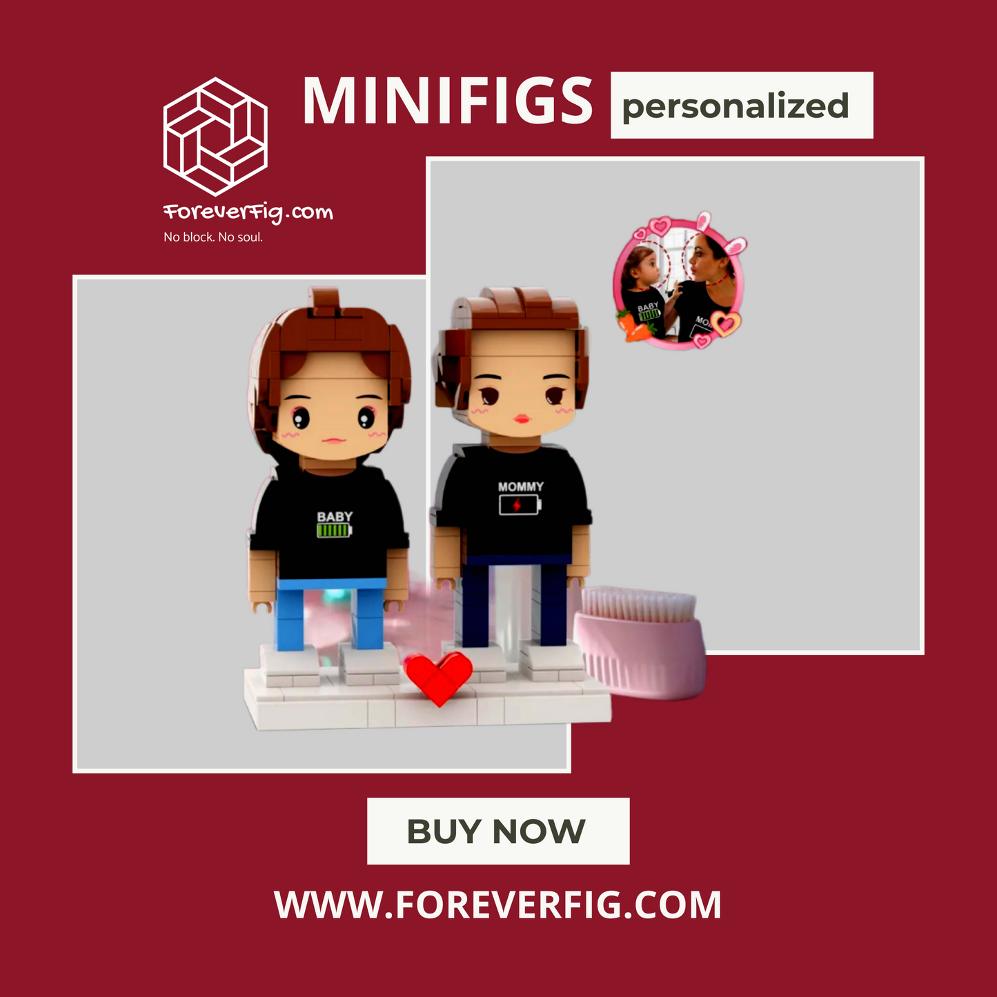 Mom & Child in Matching Outfits – “Battery Low” – Personalized Building Block Figures (2 People)
