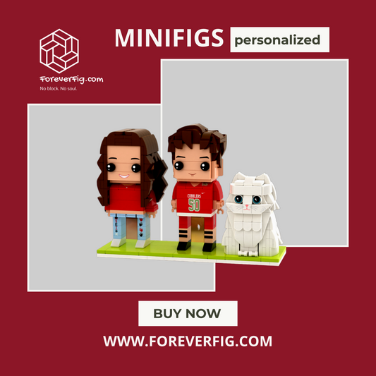 Personalisierte Bausteinfiguren mit Katze – Vollkörperfiguren für 2 Personen aus Kleinpartikel-Bausteinen