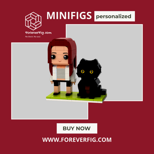 Ganzkörper Bausteinfigur mit Katze – personalisierbar – 1 Person