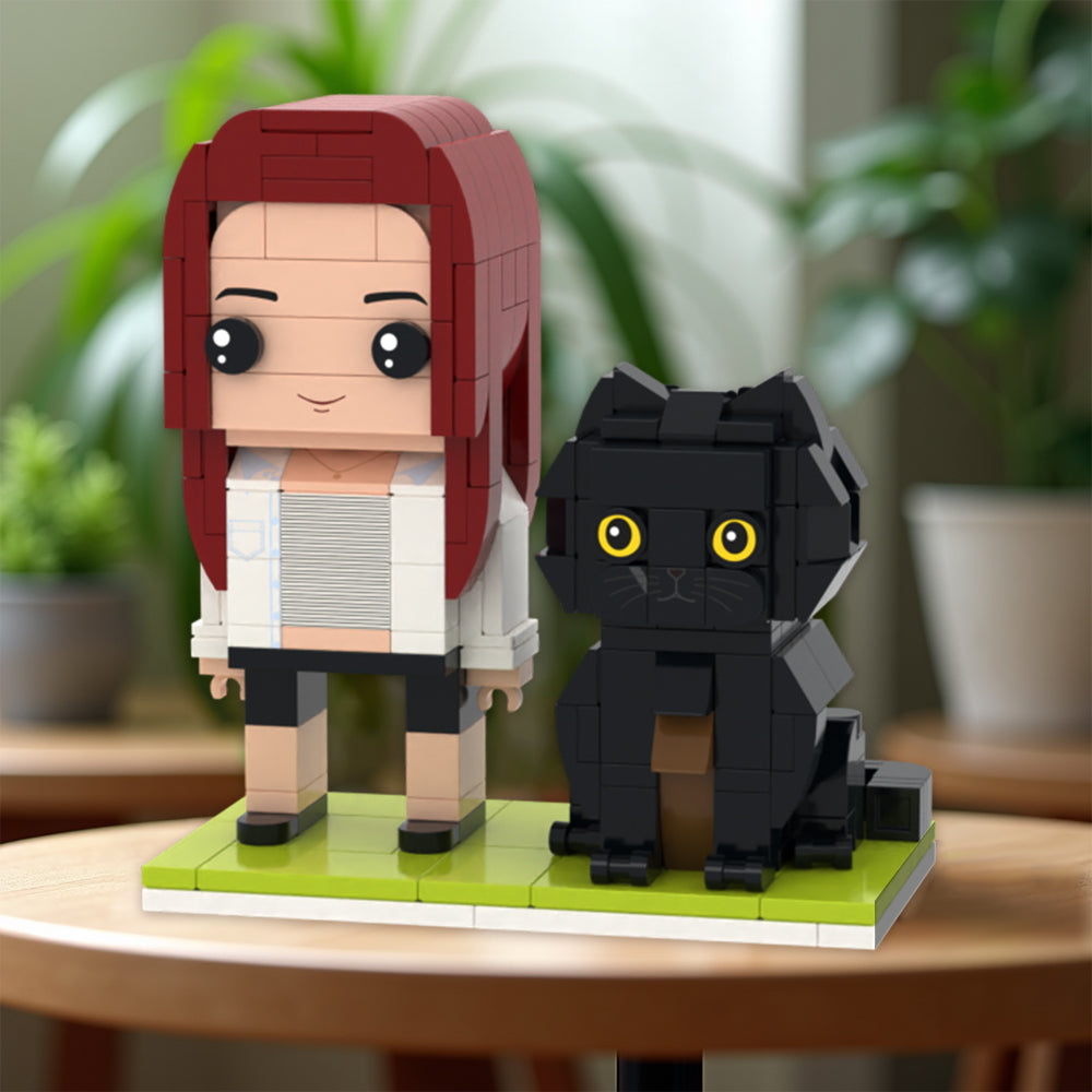 Ganzkörper Bausteinfigur mit Katze – personalisierbar – 1 Person