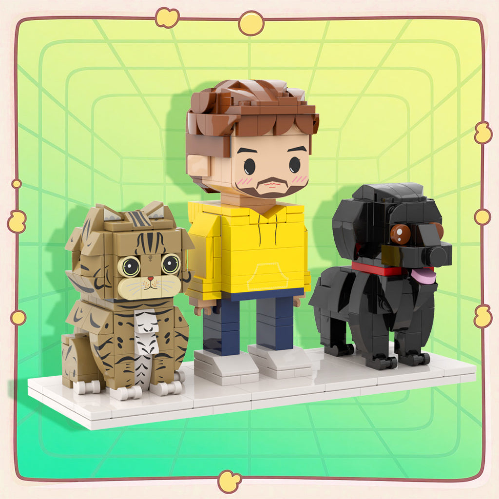 Deine Figur mit Katze und Hund – personalisierte Bausteinfiguren als besonderes Geschenk.