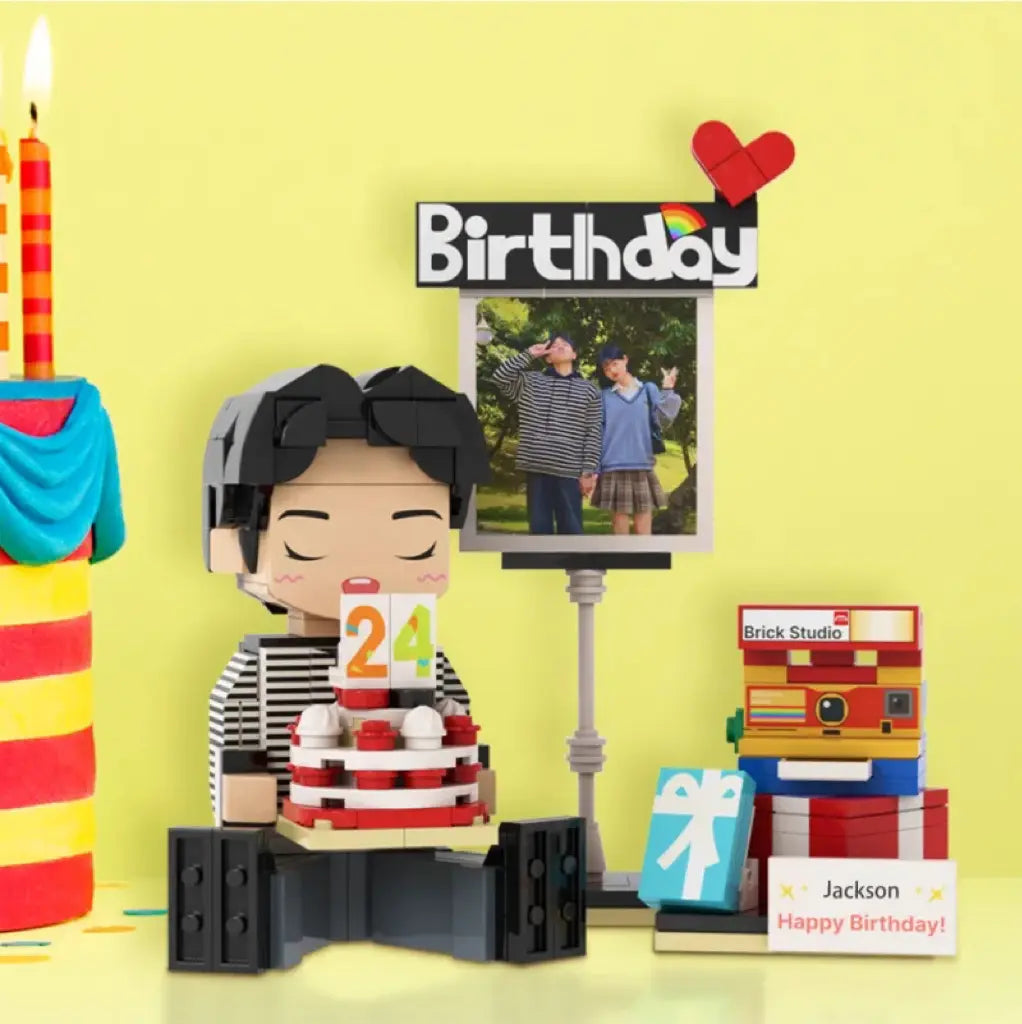 Personalized building block figure with photo and name – 1 person – The ideal birthday gift with a personal touch