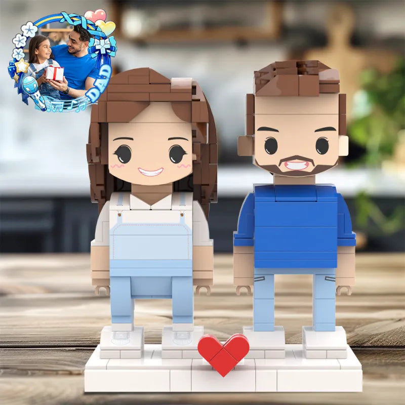 Personalisierte Bausteinfiguren für Papa und Tochter – Vollständig gestaltbare Miniaturfiguren mit Fotokopf (2 Personen)