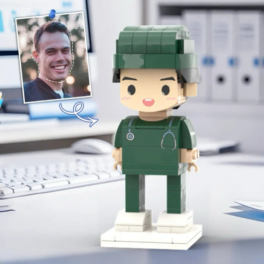 Personalized building block figure in a green doctor's outfit
