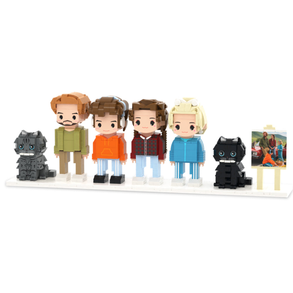 Brick Figuren Set – 4 Personen und 2 Katzen mit Rahmen