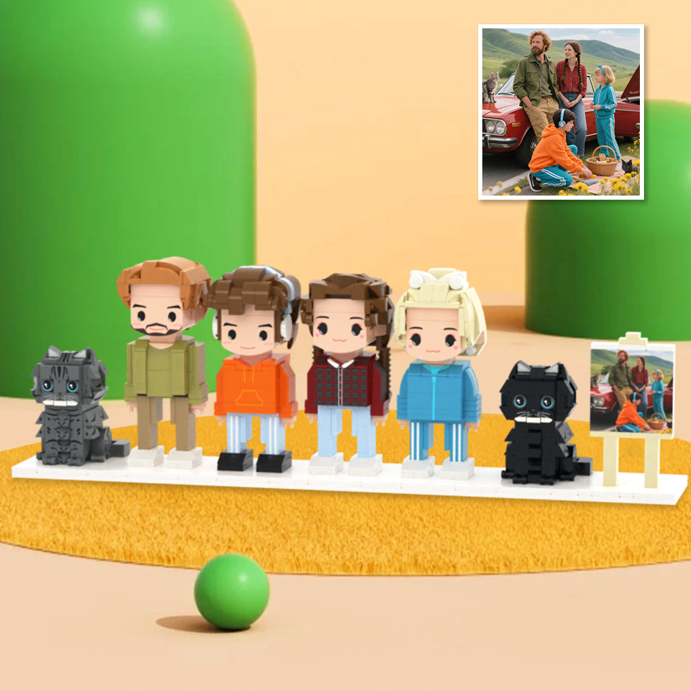 Brick Figuren Set – 4 Personen und 2 Katzen mit Rahmen