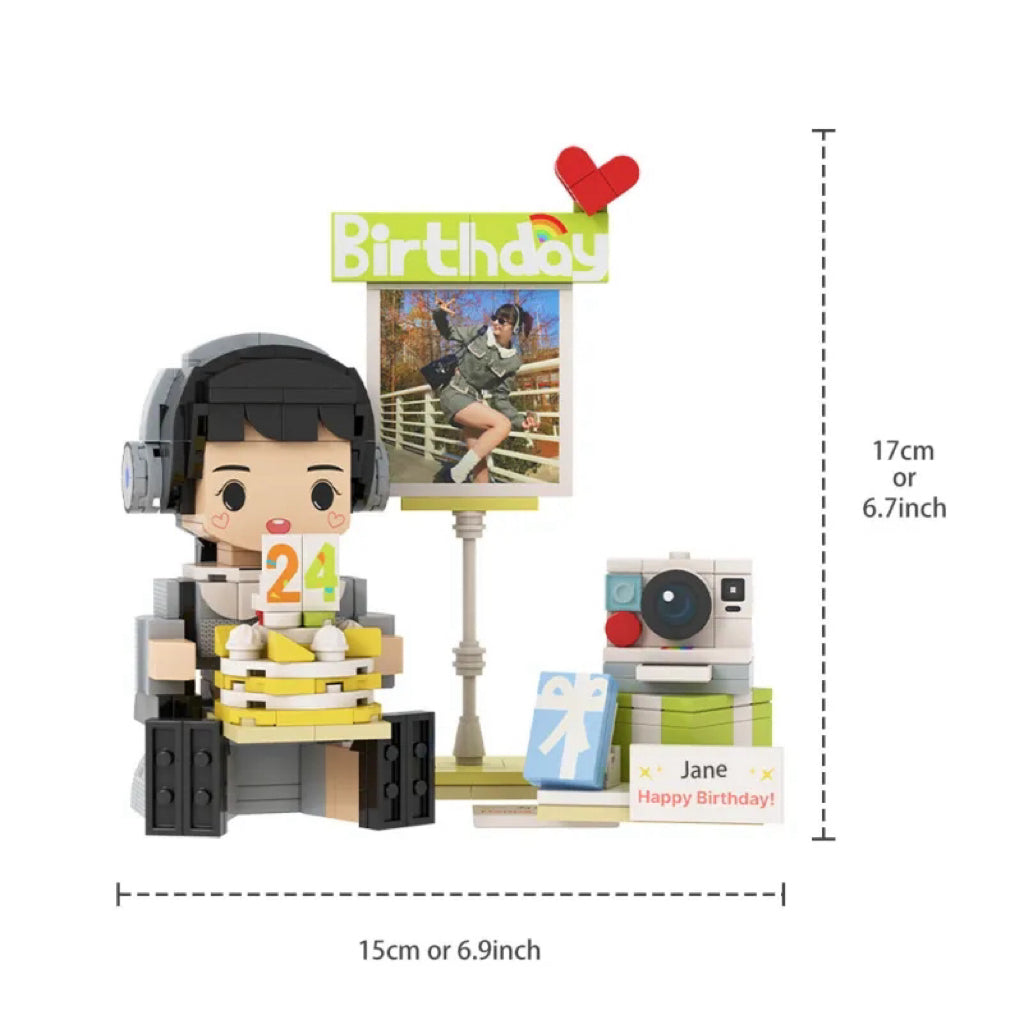 Personalized building block figure with photo and name – 1 person – The ideal birthday gift with a personal touch