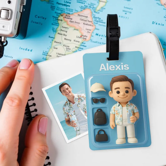 Personalized luggage tag with photo – cartoon figure with 3D effect