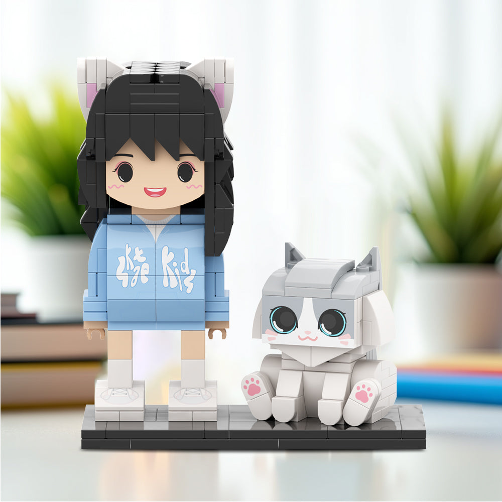 Personalisierte Bausteinfigur mit Katze – Vollständig anpassbare Figur aus Kleinpartikel-Bausteinen