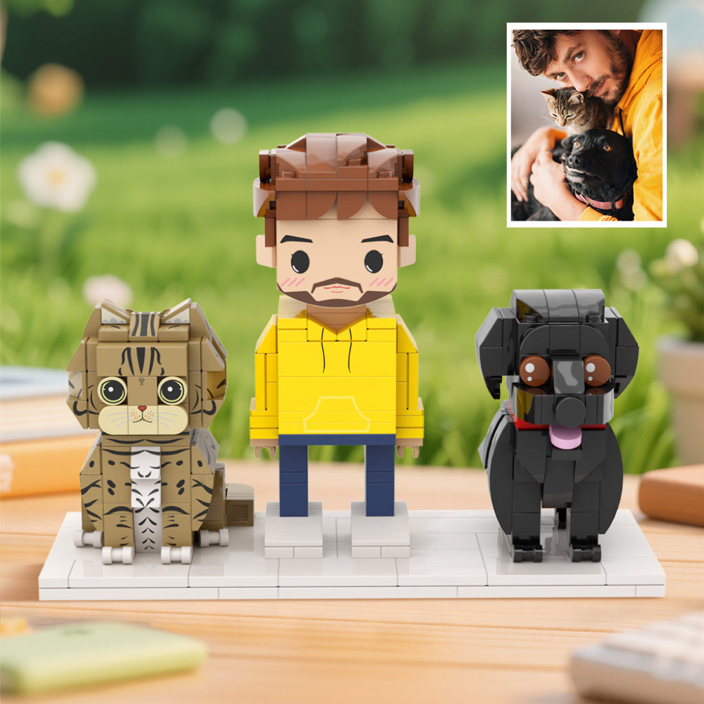 Deine Figur mit Katze und Hund – personalisierte Bausteinfiguren als besonderes Geschenk.