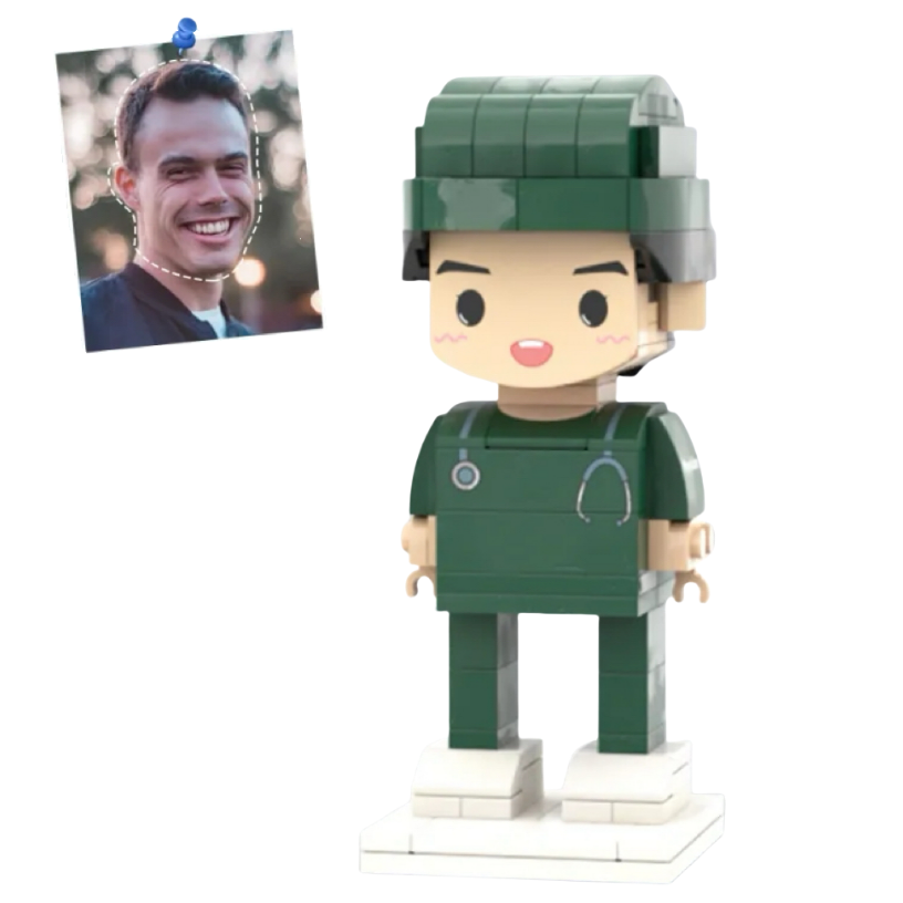Personalized building block figure in a green doctor's outfit