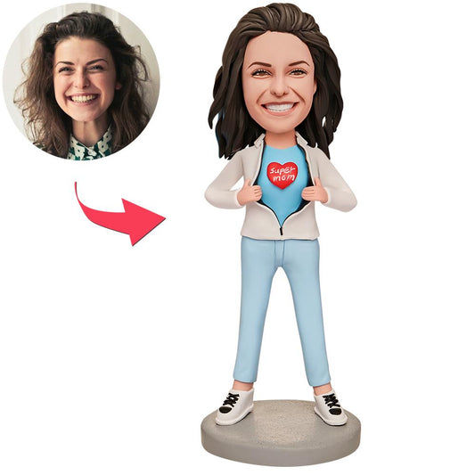 Súper mamá con bata blanca – Figura cabezona personalizada con grabado