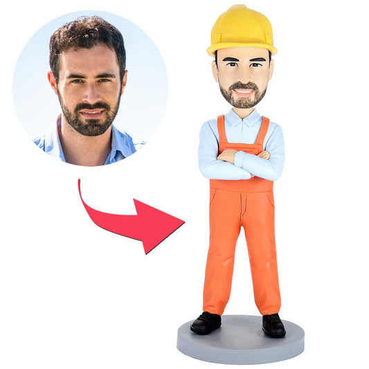 Personalisierte Wackelkopf Figur – Bauarbeiter mit Wunschgravur.