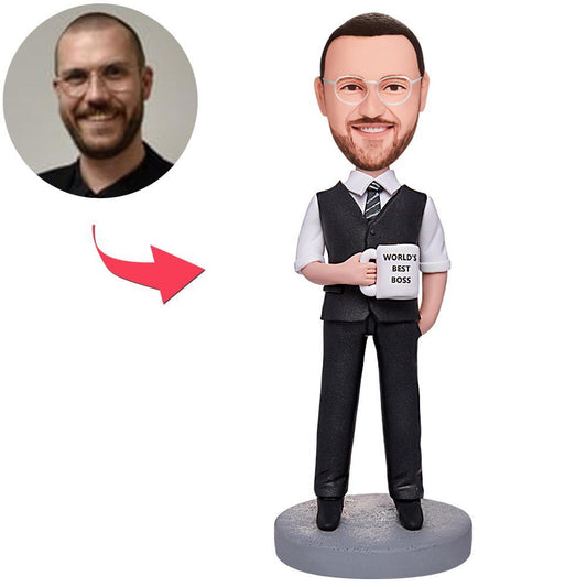 Personalisierter Wackelkopf – Bester Chef der Welt mit Tasse – mit Wunschgravur.
