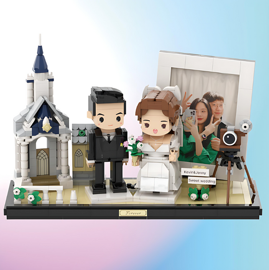 Personalisierte Hochzeitsfiguren mit Kirche und Bilderrahmen – 2 Personen – Ein besonderes Geschenk zur Hochzeit oder zum Valentinstag