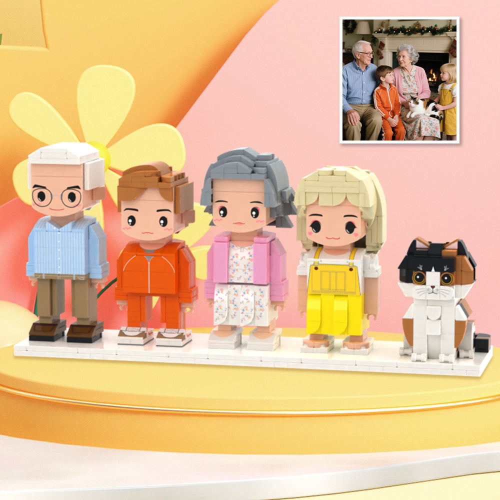 Personalisierte Brick Figuren Set – 4 Personen und 1 Katze im Rahmen